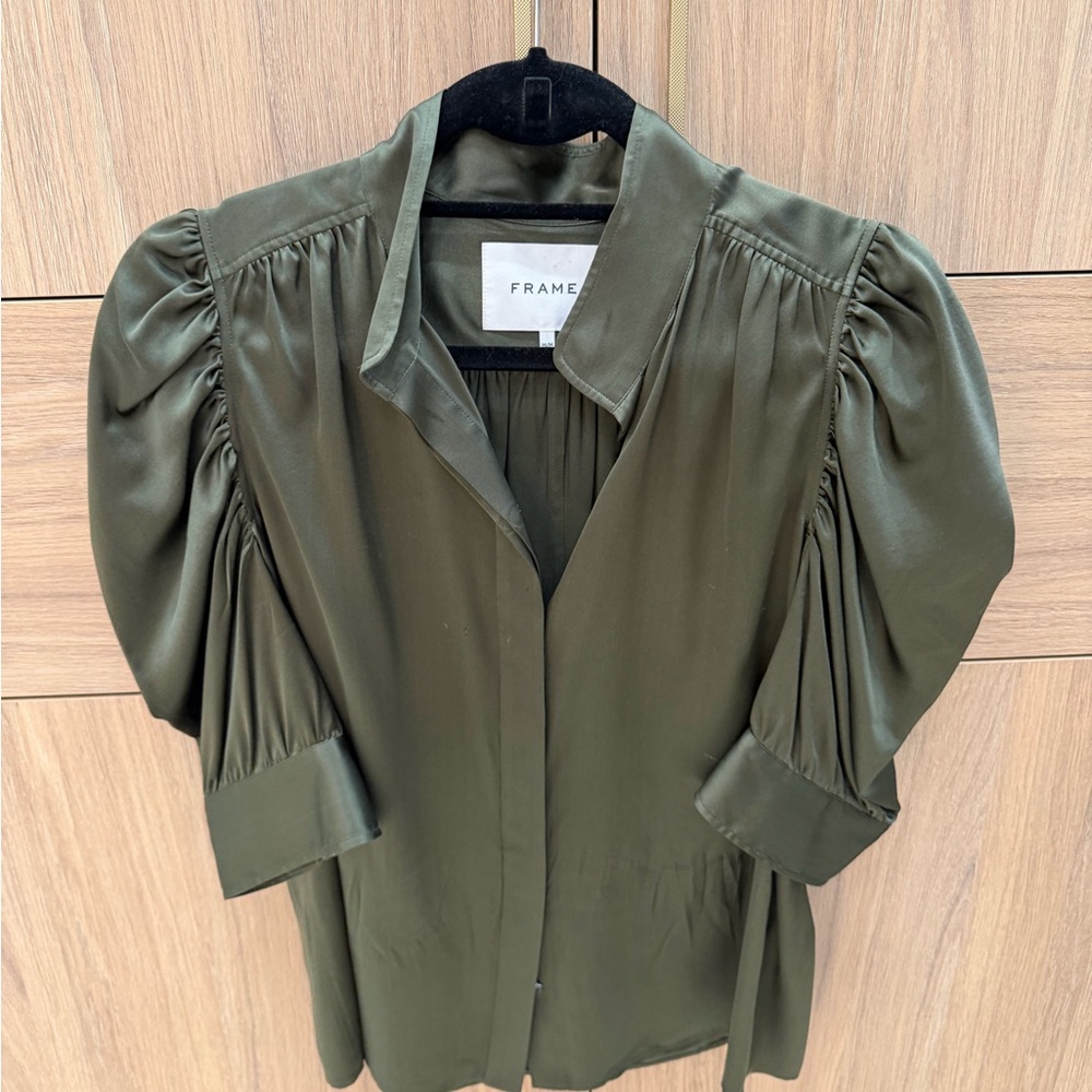 Frame Denim Olive Green Puff-Sleeve Blouse